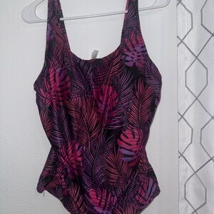 Tropical Leaf One-Piece Swimsuit in Pink & Purple